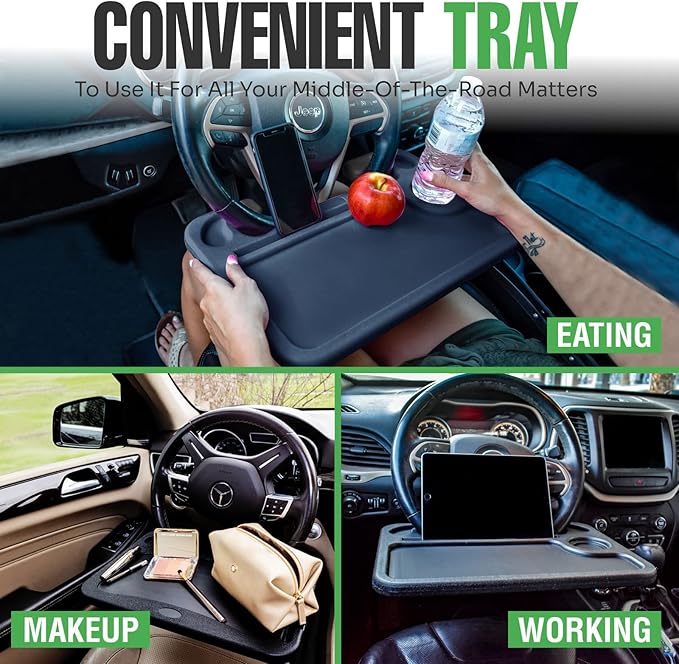 lebogner Steering Wheel Tray, Car Food Trays for Eating with iPad Tablet Slot, Multipurpose Double-Sided Hook On Travel Auto Steering Wheel Desk Table for Laptop & Notebook with Cup Holder, Black