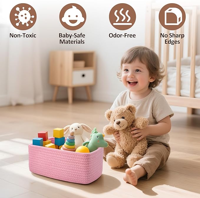 5-Pack Small Woven Rope Storage Baskets – 2 Sizes Organizer Bins for Closet, Shelf, Bookshelf, Nursery, Changing Table, Fabri