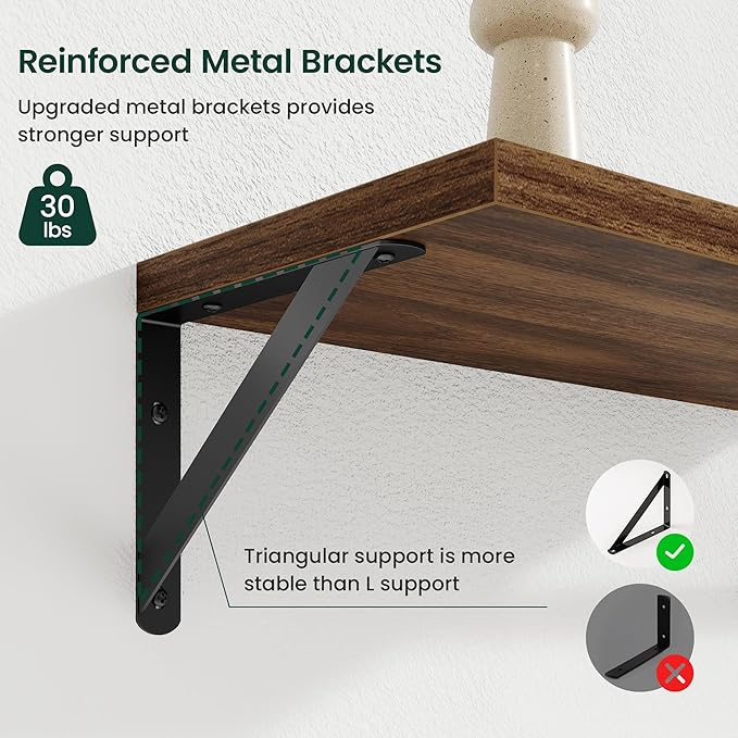 Floating Shelves, 8 Inch Deep Rustic Wood Wall Storage, 16W x 8D Wall Shelves Set of 2, Heavy Duty Metal Brackets, Industrial
