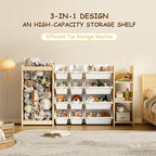 EXPERLAM 3-in-1 Toy Storage Organizer, Stuffed Animal Holder & 3-Tier Bookcase, Solid Wood Toy Organizer with 12 Storage Bins