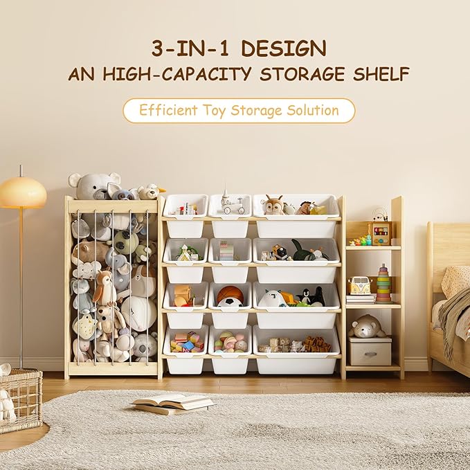 EXPERLAM 3-in-1 Toy Storage Organizer, Stuffed Animal Holder & 3-Tier Bookcase, Solid Wood Toy Organizer with 12 Storage Bins