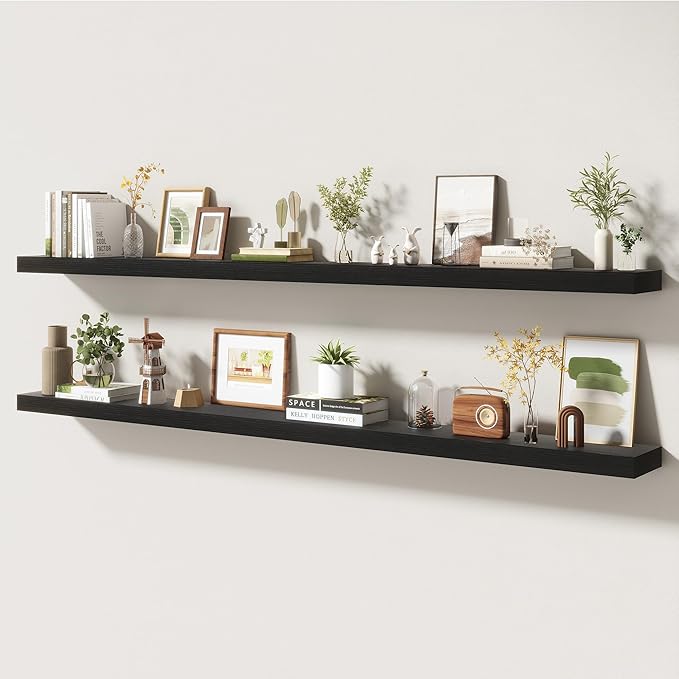 72 Inch Floating Shelves | 6.5 Inch Deep Black Floating Shelves Set of 2 | 72" W x 6.5" D Rustic Black Wood Wall Shelves with