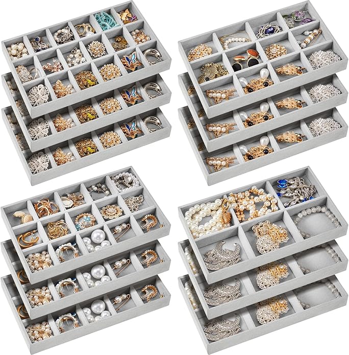 Junkin 12 Pcs Jewelry Tray Velvet Stackable Jewelry Organizer Trays Divided Earring Accessories Storage Containers Box (Rose 