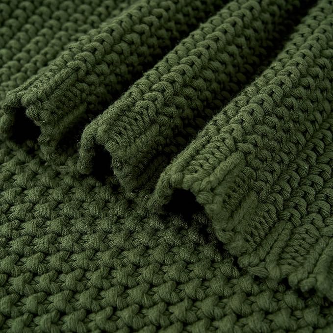 Chunky Cable Knit Throw Blanket Lightweight Olive Green 100% Organic Cotton Blanket for Sofa Couch Bed Baby Nursery, Rustic S