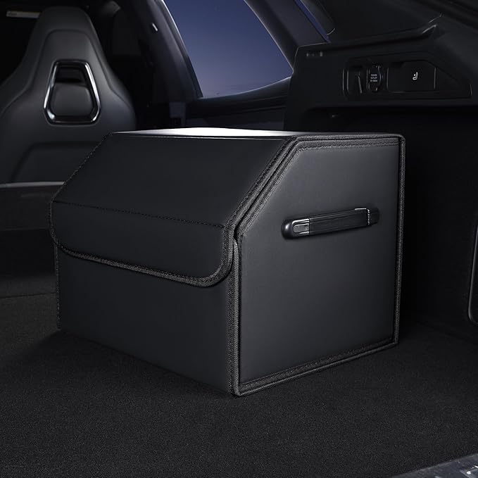 Trunk Organizer,car organizers and storage,black Leather Storage Box with lid,Fiberboard,Collapsible,15''L x 13''W x 12.4''H,2K