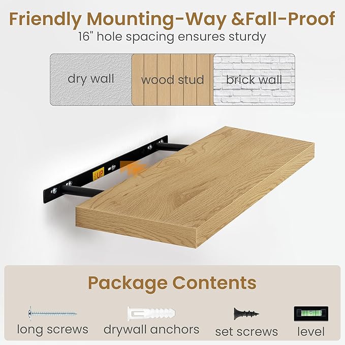 48"W x 9.3"D Floating Shelves for Wall, Wall Mounted Bathroom Shelves 2 Pack Deep Floating Shelf for Bedroom Kitchen Living R
