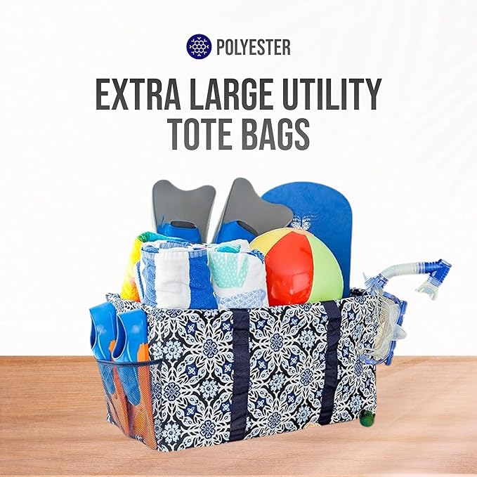 Extra Large Utility Tote Bag - Oversized Collapsible Reusable Wire Frame Rectangular Canvas Basket With Two Exterior Pockets For Beach, Pool, Laundry, Car Trunk, Storage - Blue Snowflake
