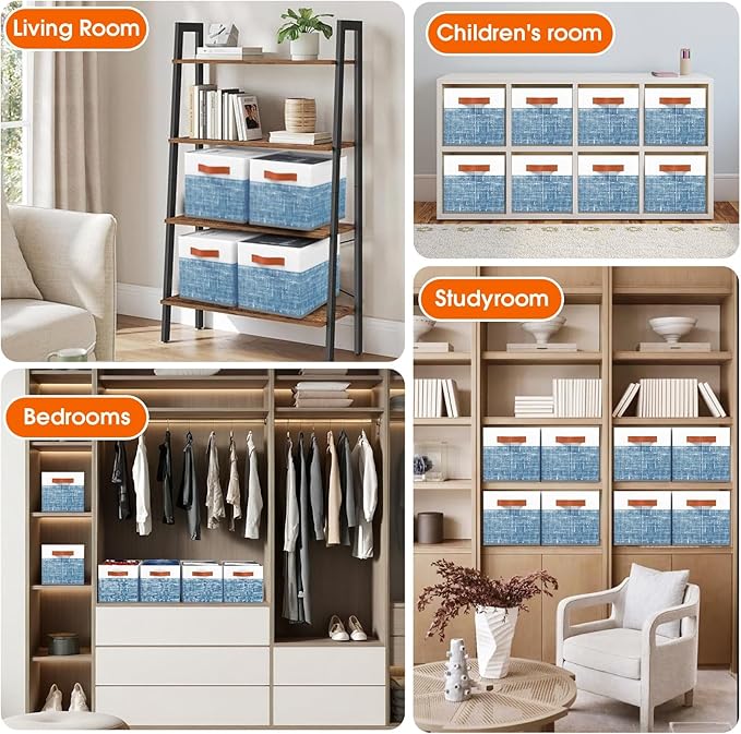 Fab totes Collapsible Storage Baskets for Shelves,14"x10", 8 Pack Foldable Fabric Storage Bins with Double Leather Handles, L