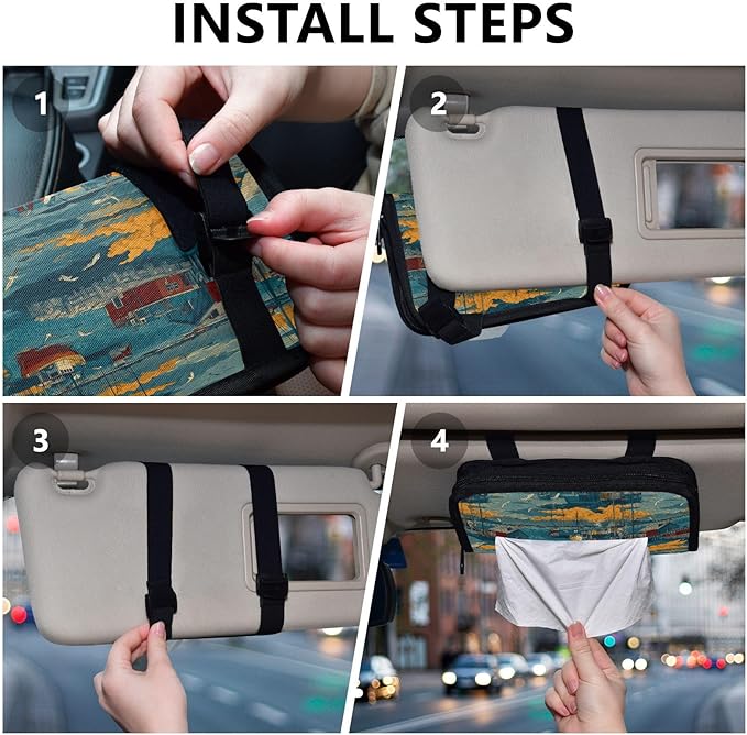 Car Tissue Holder Car Visor Organizer Tissue Box Holder for Car Sun Visor Organizer with Car Vehicle Accessories Essentials Interior for Women Men Blue Boat Seagull Cloud Harbor