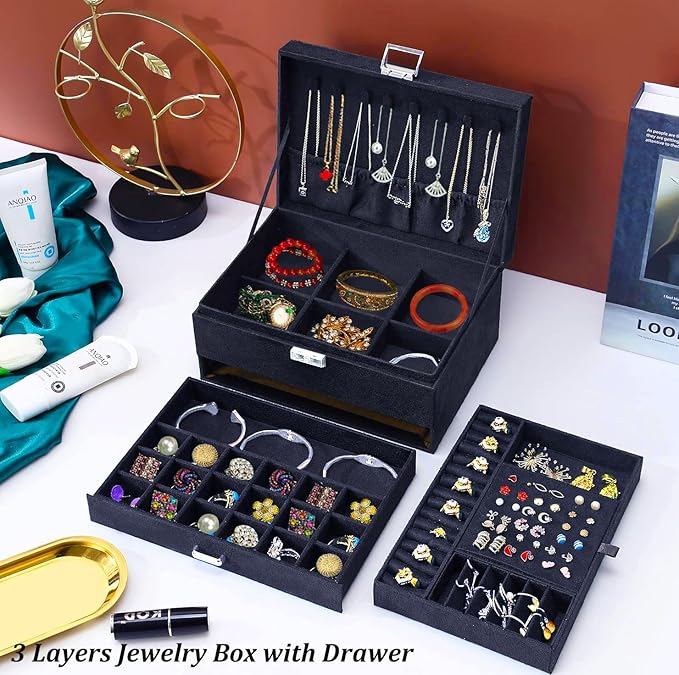 QBestry Jewelry Box for Women with Drawer, 3-Layer Large Jewelry Organizer with Lock & Key, 8 Necklace Hooks & 56 Earring Hol