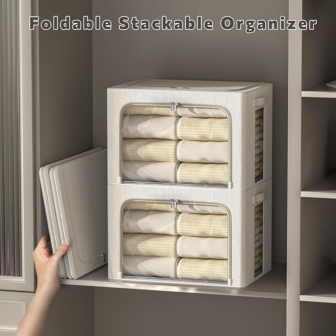 FHSQX 6 Pack Clothes Storage Bins with Metal Frame Foldable Storage Bins for Clothes Linen Fabric Storage Box with Clear Wind
