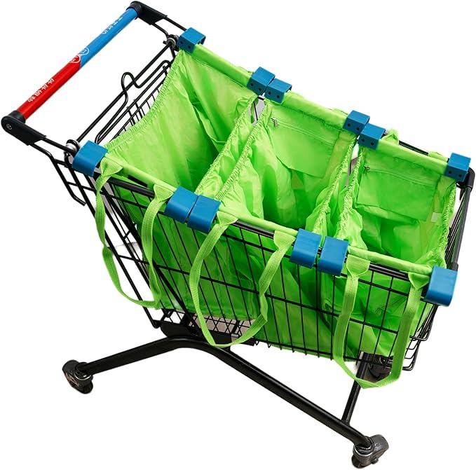 Handy Sandy 3-Pack Reusable Grocery Cart Bags – Foldable Shopping Organizers with Universal Cart Clips, PE Board Base