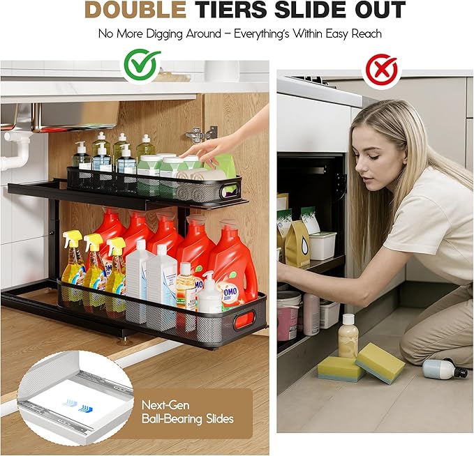 2-Pack 18.5 IN Depth Under Sink Organizer With Next-Gen Ball-Bearing Slides,Sophisticated Mesh 2-Tier Pull Out Shelf for Kitc