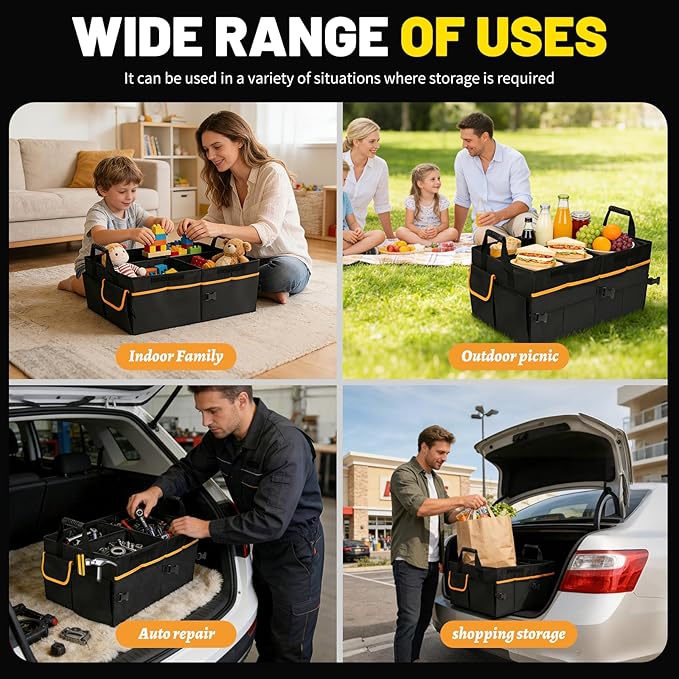 95L Car Trunk Organizer with 2 Tie-Down Straps&2 Removable Dividers|Foldable Cover,Multi-Compartment Collapsible Storage Box f