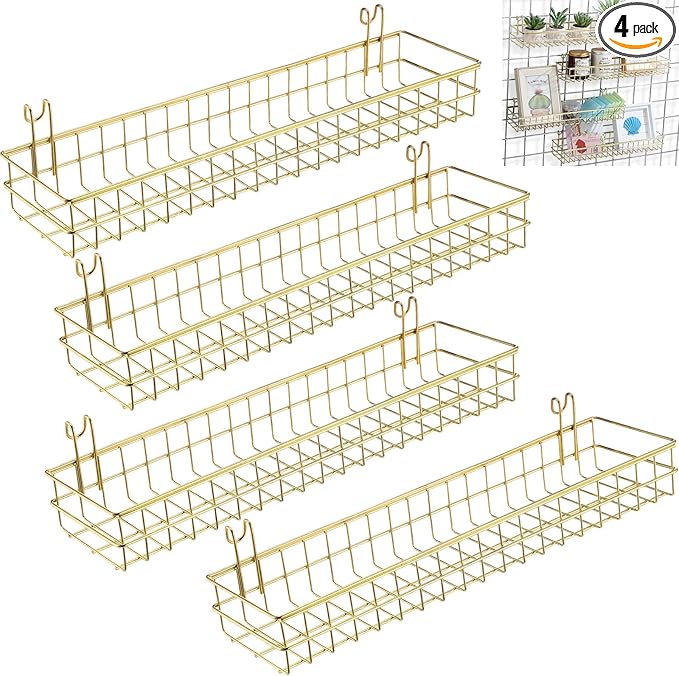Blulu 4 Pcs Gold Metal Grid Wall Baskets with Hooks Grid Wall Shelves 15.75 x 3.94 x 1.97 Inches Hanging Wire Basket Multi Fu