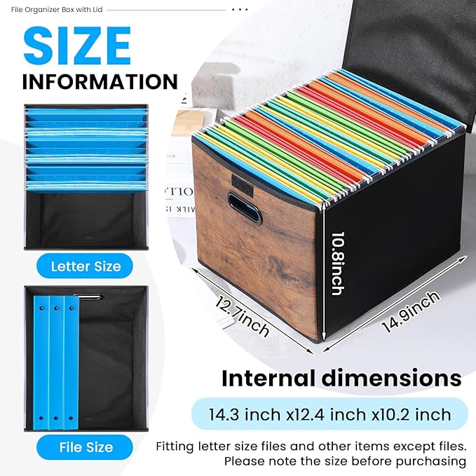 Cinnvoice File Organizer Box with Wood Grain Pattern, Hanging Collapsible File Storage Bins with Lid Plastic Slides for Schoo