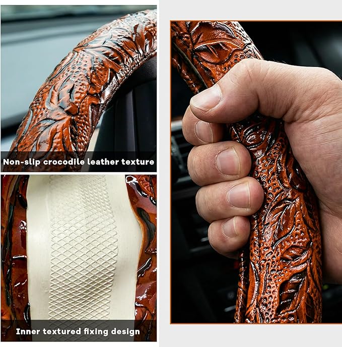 Leather Car Steering Wheel Cover, 15 Inch Anti-Slip Crocodile Pattern Steering Wheel Wrap with Rose Grain, Comfortable Grip W