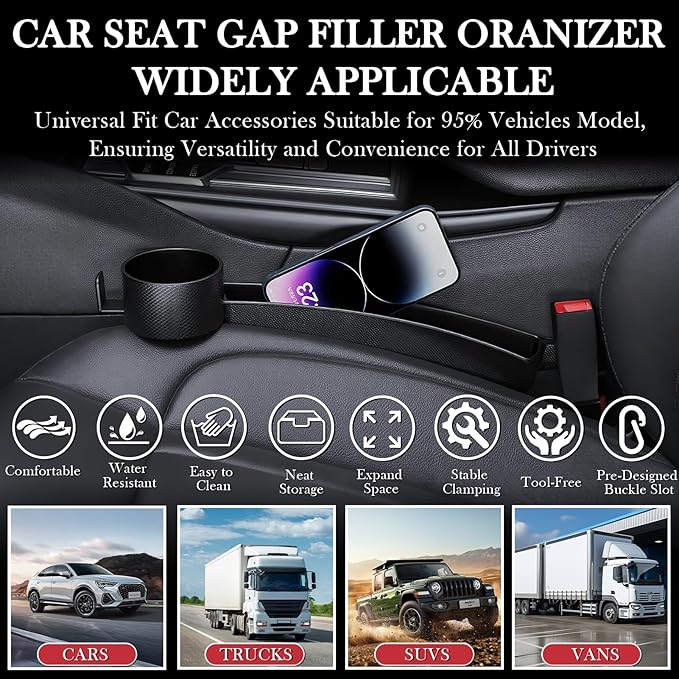 Car Seat Gap Filler Set of 2, Upgraded Car Side Seat Gap Fillers with Organizer, Cup Holder & Hook Function, Inserts Between Front Seats Console Catcher 4in1 Gap Stopper Fill Plug Storage Box (Black)