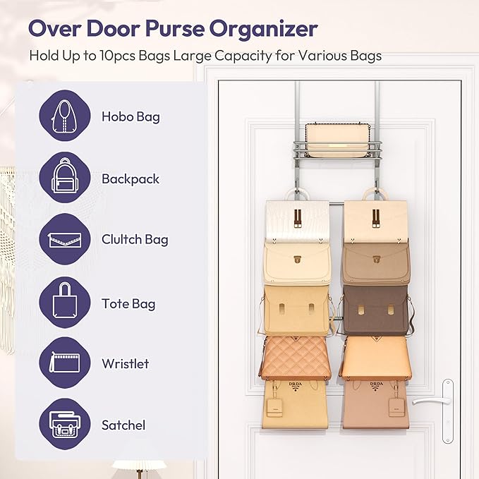 SWTYMIKI Over The Door Purse Organizer - Wall Mounted Handbag Organizer with 10 Hooks and Metal Basket, Hanging Purse Storage