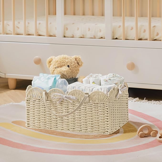 HBlife Baby Diaper Caddy, Paper Rope Storage Baskets Nursery Bin with Removable Divider, Portable Car Organizer for Diapers, 