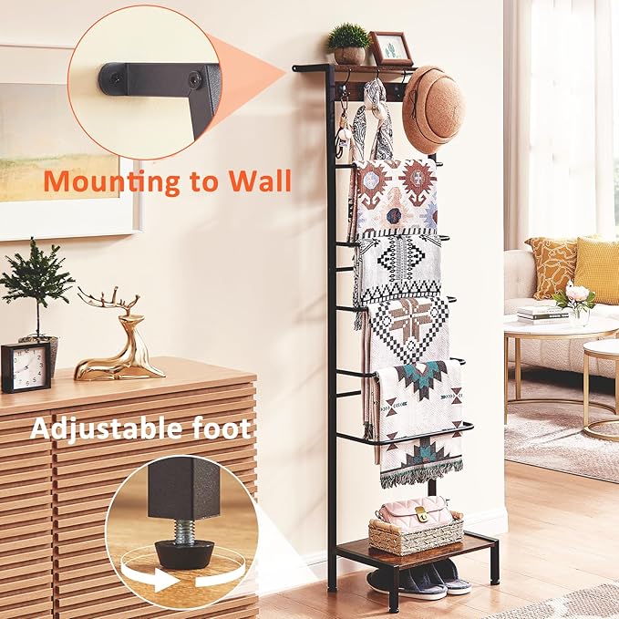 DGWJSU 7 Tier Blanket Ladder for The Living Room and Bedroom, 5.12 Ft Farmhouse Ladder Shelf with 2-Tier Storage Rack, Decora