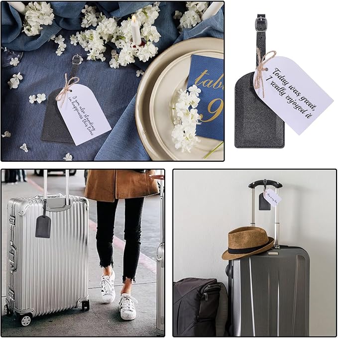 FREEBLOSS 50 Set Leather Luggage Tags Bulk Wedding Favors Luggage Tag Black PU Flip-Fold Bag Name Tag with 50 Insert Cards We