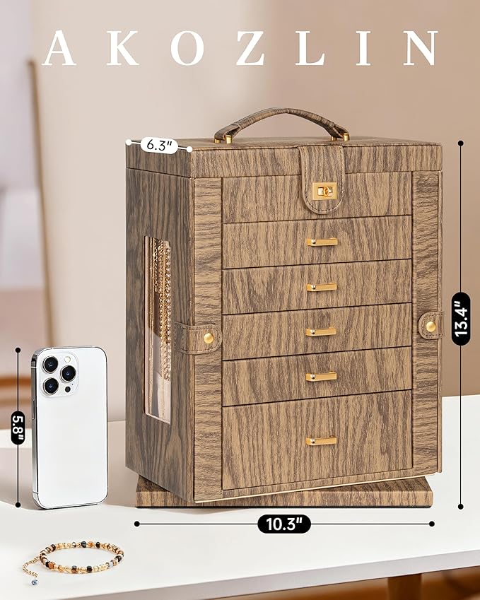AKOZLIN 360° Rotating Jewelry Box Extra Large 6-Tier Organizer Functional Jewelry Storage Case for Women Girls Ring Necklace 
