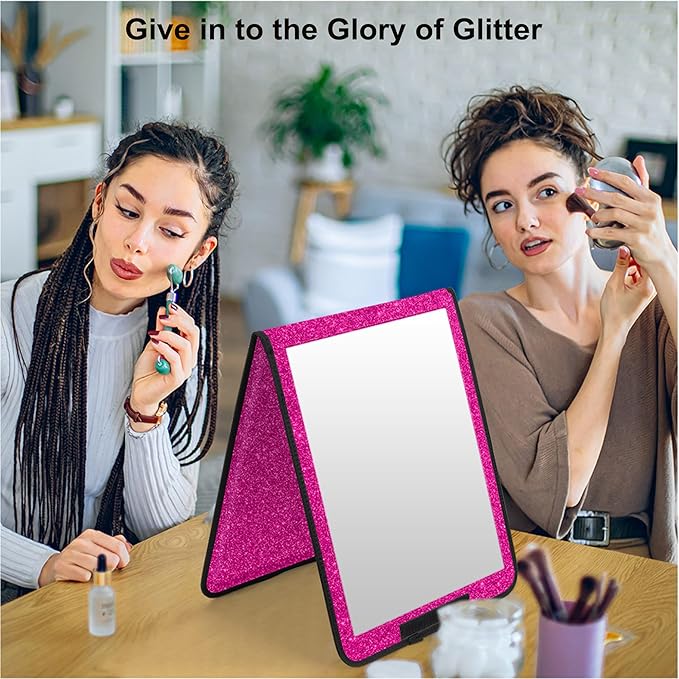 LPHUMEX Sparkle Hot Pink Folding Mirror 13”x33”, Foldable Full-Length Travel Mirror 3-Way Use, Perfect for Dance, Festivals, 