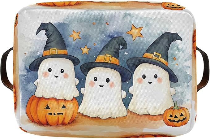 xigua Cute Cartoon Ghosts Storage Basket Foldable Storage Bin, Canvas Rectangular Storage Basket with Leather Handles for Hom