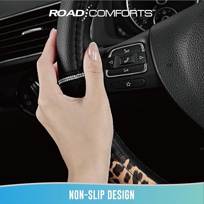 Road Comforts Leopard Steering Wheel Cover - Made with PVC Leather Cheetah Print - Anti-Slip, Universal Fit 14 1/2 inches to 