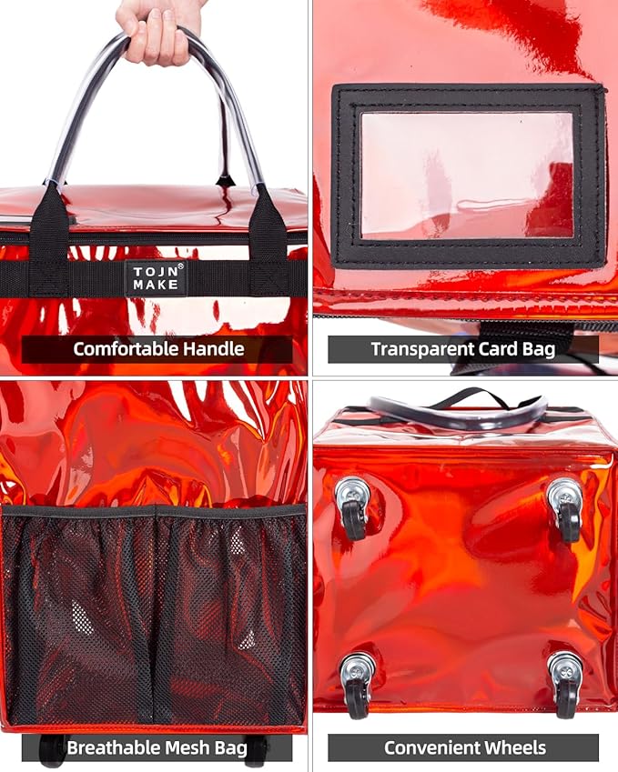 Reusable Grocery Bag with Wheels (Large, Glitter Red), Rolling Shopping Bag with 8 Pockets and Zipper Cover Foldable Rolling Tote for Women, Travel, Garden, Carries Up to 76LBS