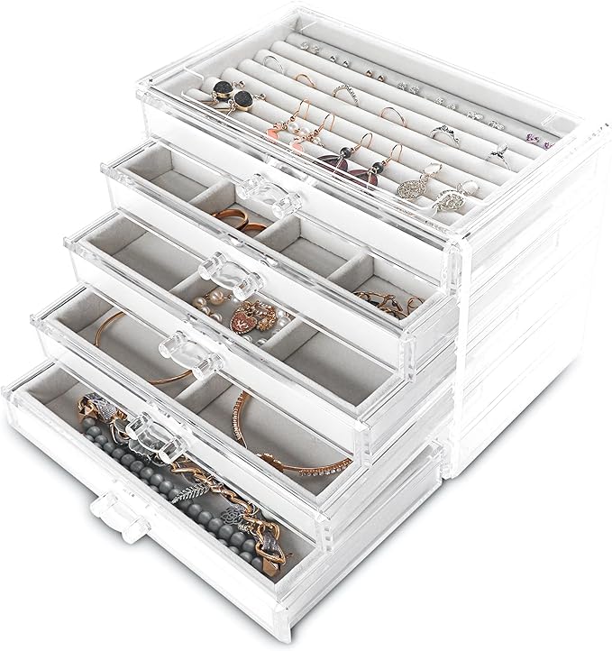 Frebeauty Extra Large Acrylic Jewelry Box for Women 5 Layers Clear Jewelry Organizer Velvet Earring Box with 5 Drawers Rings 