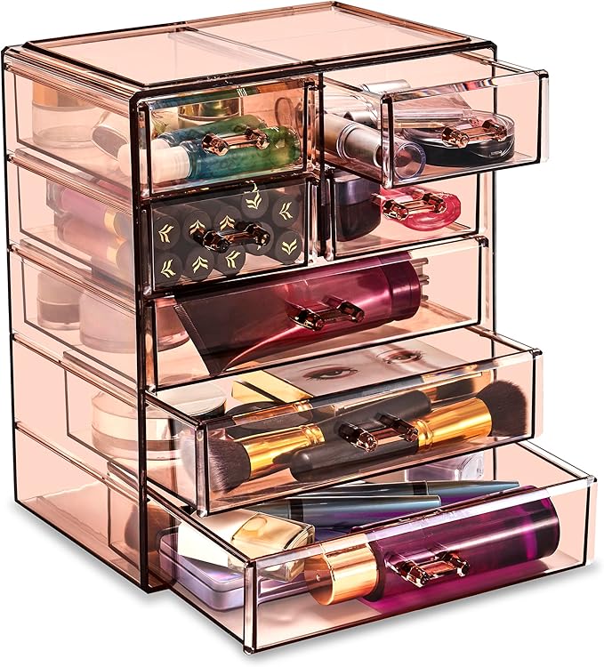 Sorbus Acrylic Makeup Organizer Set, 7-Drawer Vanity & Countertop Cosmetic Storage with Small & Wide Drawers, Bronze Glow Mak
