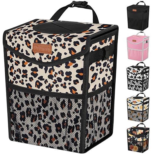 Car Trash Can with Lid, Cute Leakproof Car Trash Garbage Bag Hanging Vehicle Trash Bin Small Portable Automotive Garbage Cans Organizer for Back/Front Seat(Trapezoid,Leopard