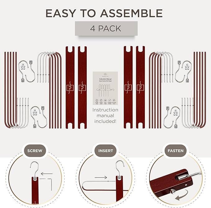 MORALVE Pants Hangers Space Saving - 4 Pack European Beechwood Scarf and Jean Hangers - Closet Organizer and Space Saver Pant