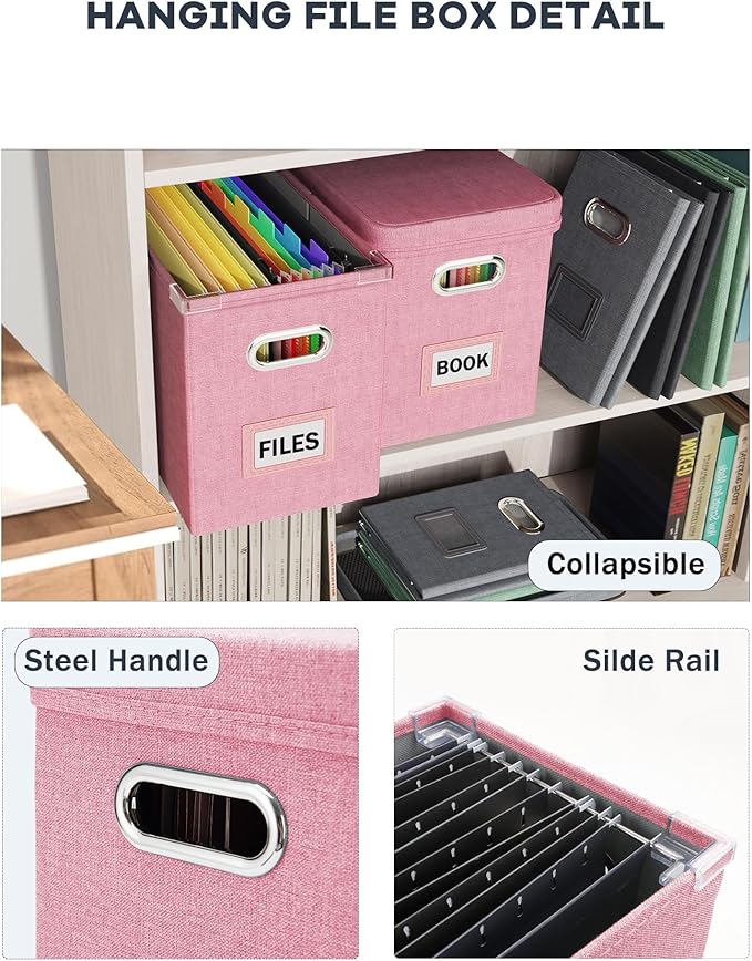 Oterri File Organizer Box with Lid, Hanging Filing File Box with Mesh Pocket, Document Organizer Box for Letter Files, Portab