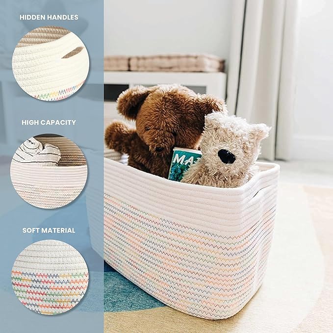 OrganiHaus Rainbow Basket - Colorful Woven Storage Basket for Playroom, Nursery & Classroom Decor & Toy Storage, Rainbow Stit