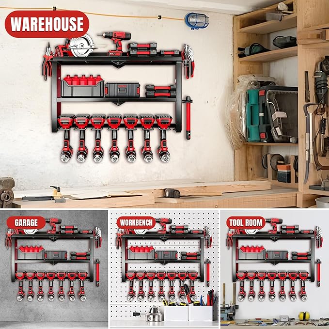 Power Tool Organizer Wall Mount, 150Lbs 3 Layer Metal Tool Storage Rack with 7 Cordless Drill Holder Heavy Duty, Battery Dril