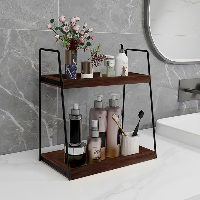Dorhors 2 Tier Bathroom Counter Organizer Storage,Vanity Organizer for Bathroom Counter,Wood Standing Rack for Kitchen(Walnut