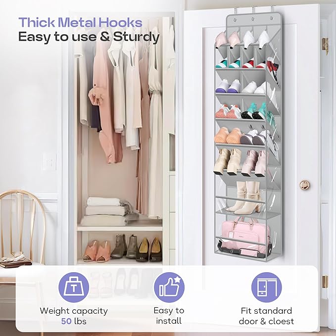 MISSLO Clear Over the Door Shoe Organizer Large Deep Pockets Hanging Shoe Rack for Closet Fit 20 Pairs Shoe Holder for Sneake