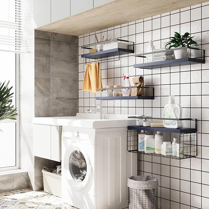 Wood Floating Shelves Wall Mounted - 4+1 Tier Rustic Bathroom Wall Shelves Over Toilet with Wire Storage Basket and Towel Bar