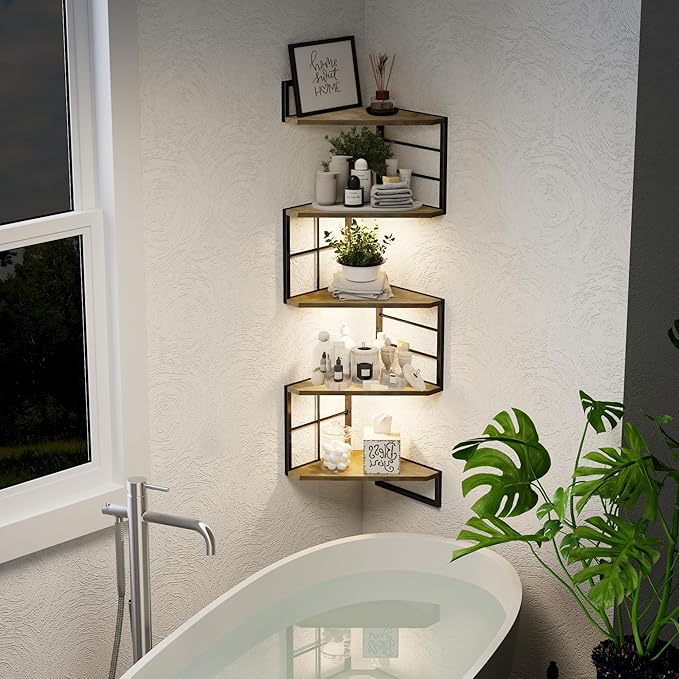 Corner Floating Shelves with Lights - 5 Tiers Corner Shelf Wall Mounted, Bookshelf with LED Light, Floating Shelves for Wall,