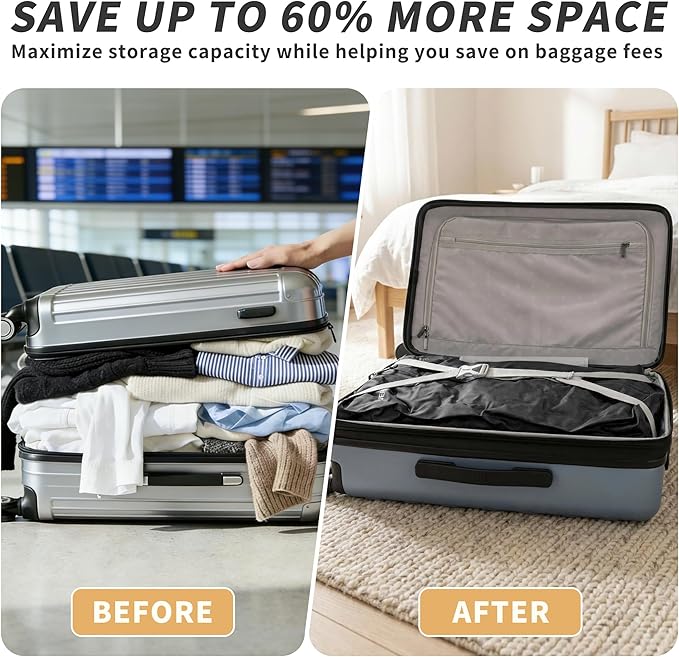 Upgraded Vacuum Bag for Travel, Professional IPX8 Waterproof Reusable Vacuum Compression Bags for Travel Suitcases, Durable S
