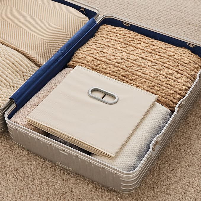 MAX Houser 6 Pack Foldable Fabric Storage Bins with Handles - Ideal for Closet Organization, Bedroom and Nursery（ Beige, 12"x