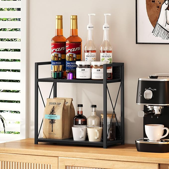 Giikin Kitchen Countertop Organizer, 2 Tier Coffee Bar Organizer, Black Spice Rack for Counter, Kitchen Counter Shelves, Part