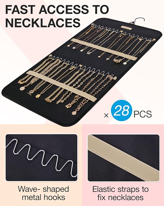 BAGSMART Hanging Jewelry Organizer Storage Roll with Hanger Metal Hooks Double-Sided Jewelry Holder for Earrings, Necklaces, 