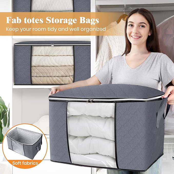 Fab totes 24 Gallons Clothes Storage, Foldable Thick Fabric Blanket Storage Bags, Containers for Organizing Bedroom, Closet, 