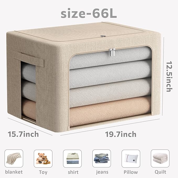 FHSQX 2 Pack Clear Window Storage Bins - Large Stackable Linen Fabric Storage for Clothes Foldable Container Organizer Set wi