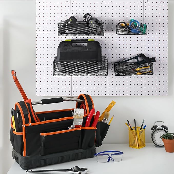 Norme 4 Pack Pegboard Baskets Set 4 Size Metal Wall Organizer Square Style Wire Pegboard Bins Wall Mount Peg Board Tool Organ