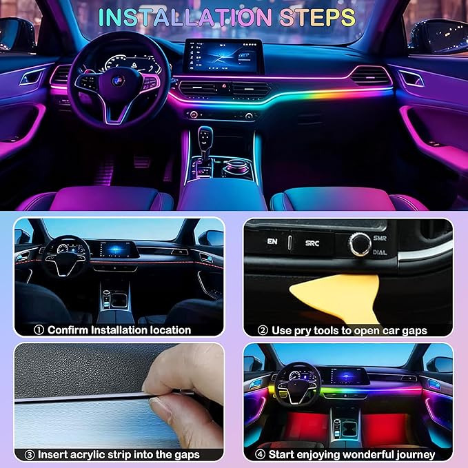 Interior Car LED Strip Lights, RGB 6 in 1 Dynamic Dreamcolor Chasing Acrylic LED Lights for Car, USB Powered Ambient Lighting Kits with Wireless APP, Sound Active Function Car Neon Lights (6 in 1)